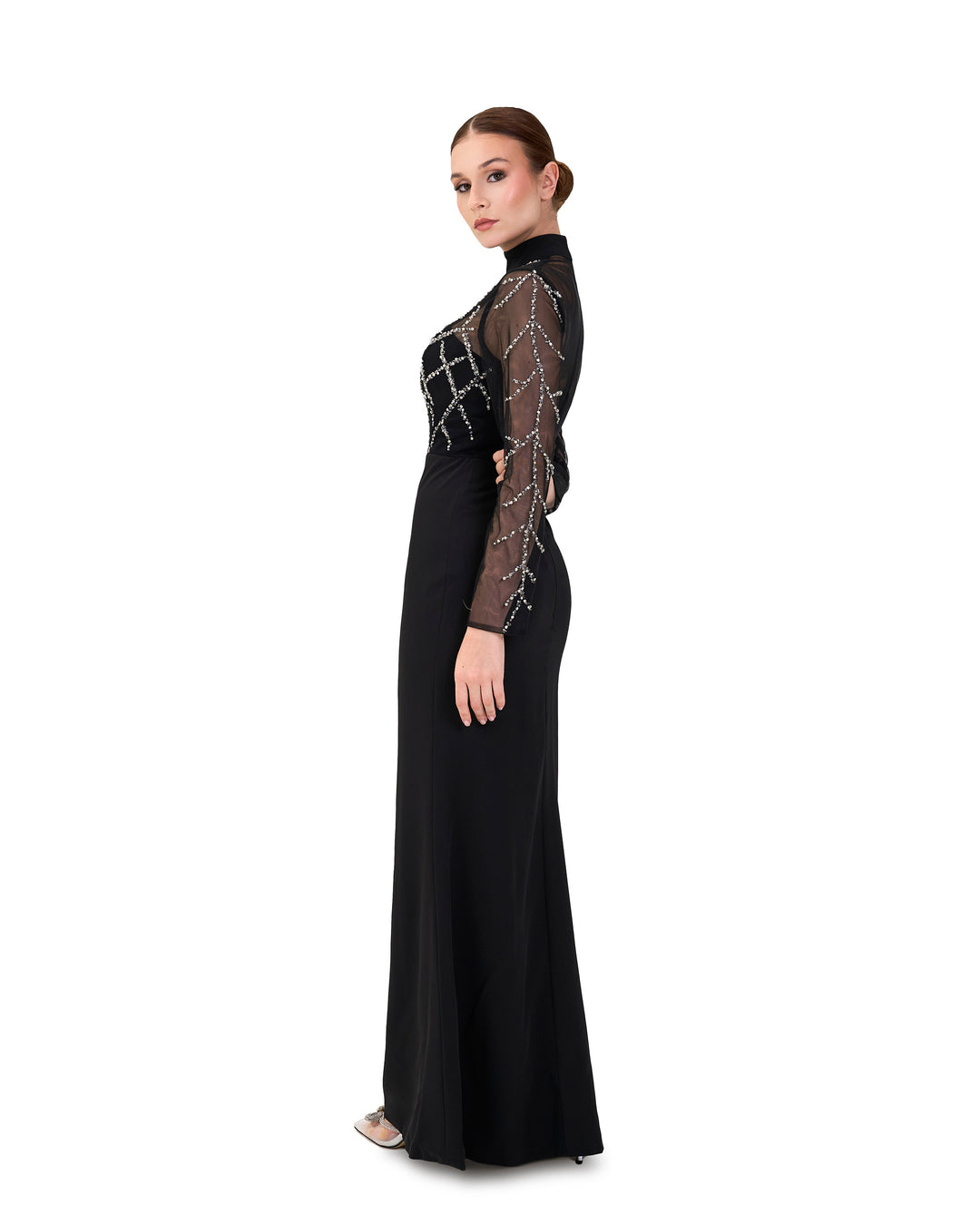 Beaded column dress with see-through top-Rumer