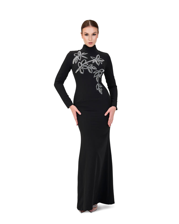 Long sleeve column dress with beaded flowers-Itab