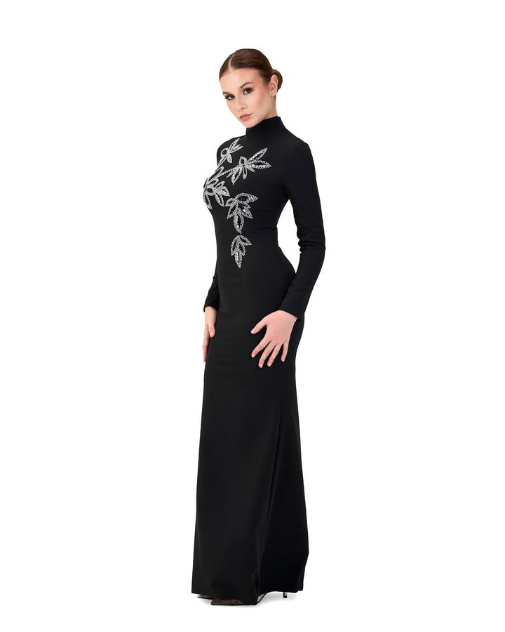 Long sleeve column dress with beaded flowers-Itab