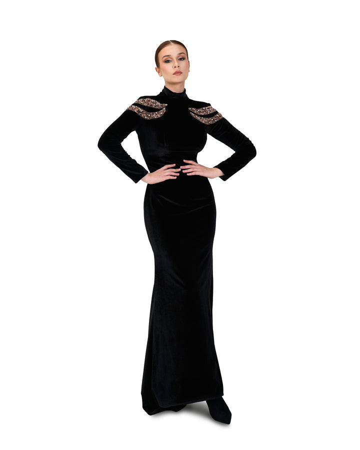 Long-sleeve velvet dress with beaded shoulders