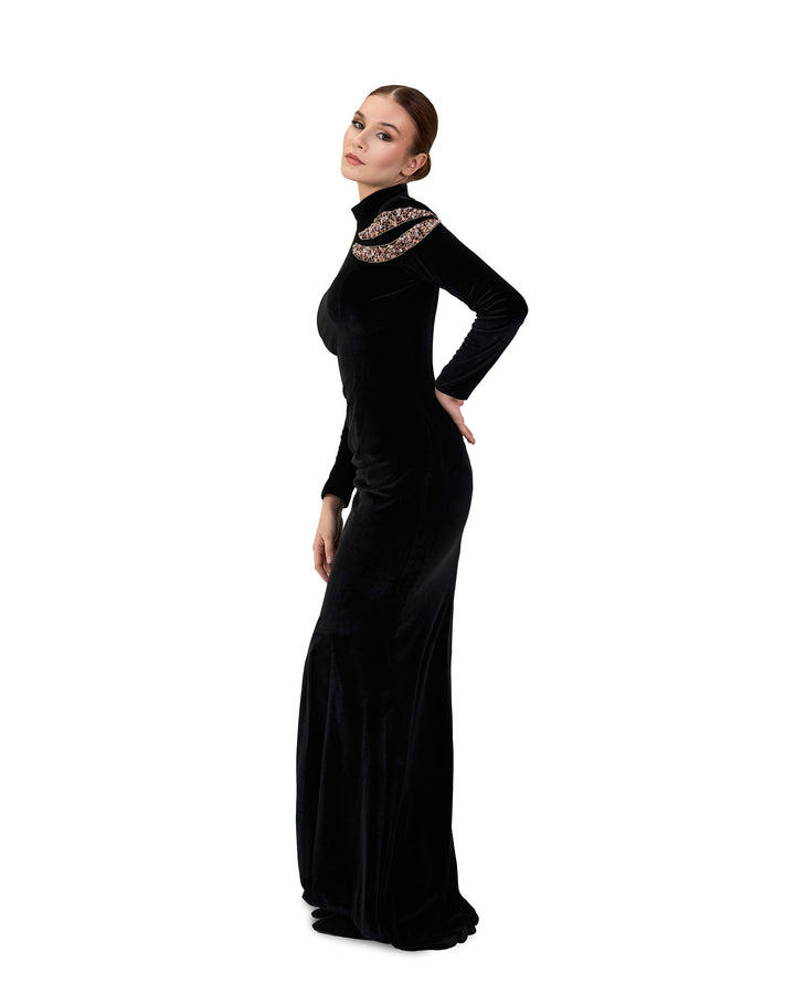 Long-sleeve velvet dress with beaded shoulders