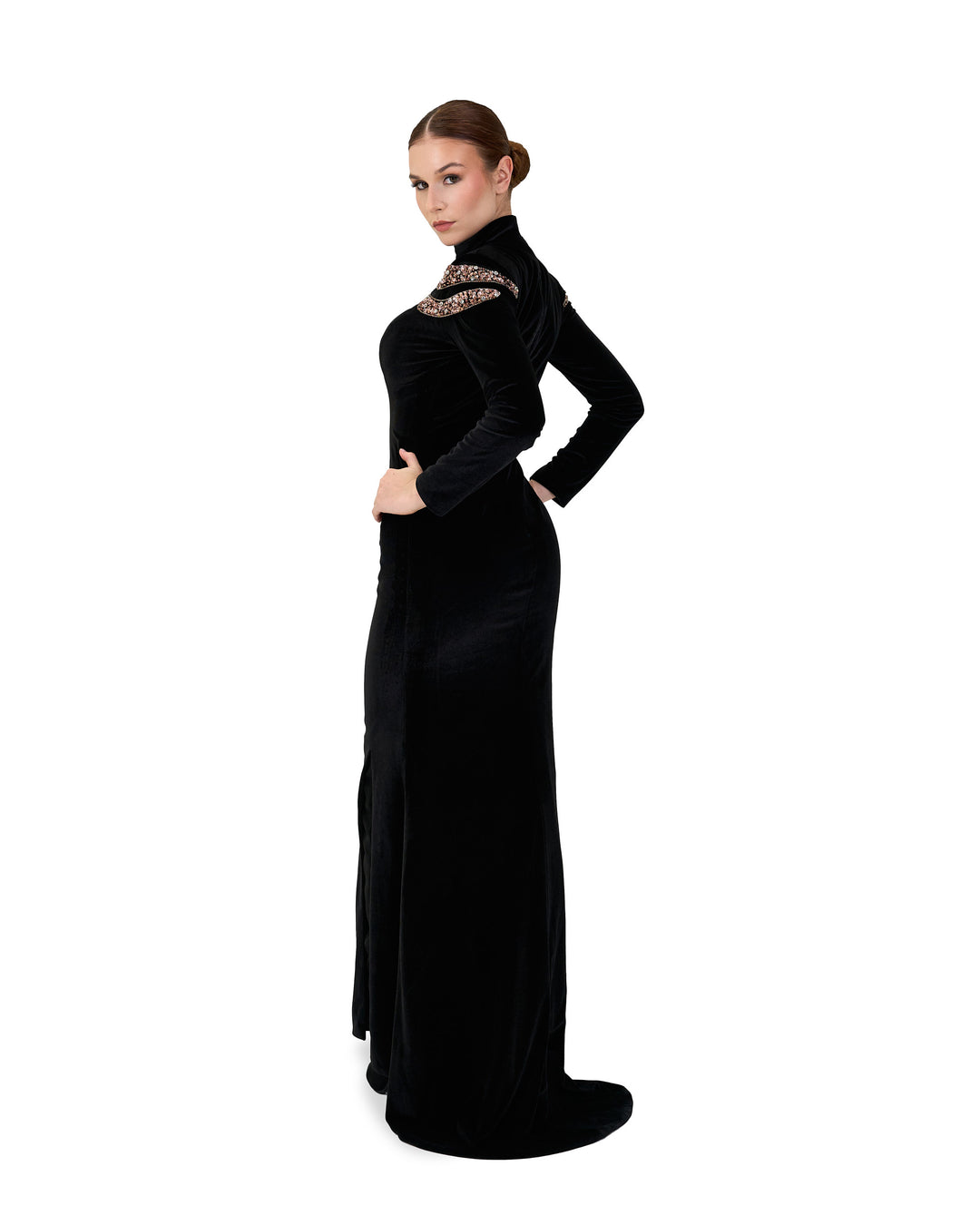 Long-sleeve velvet dress with beaded shoulders