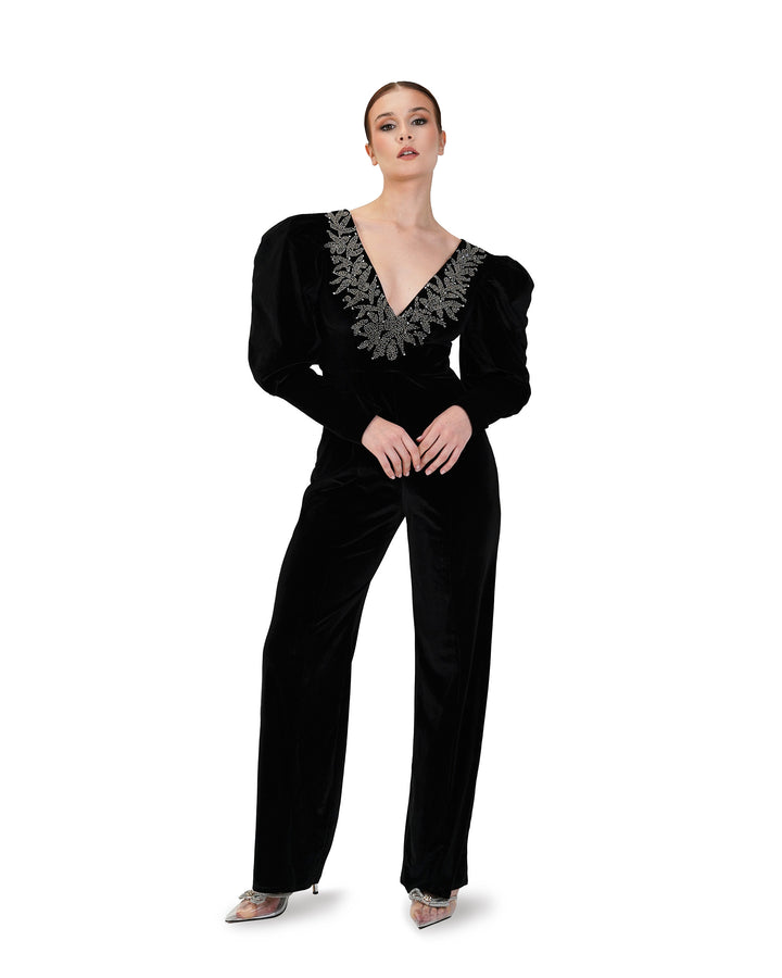 Beaded velvet Jumpsuit with V neckline-Merry