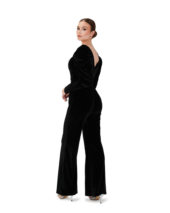 Beaded velvet Jumpsuit with V neckline-Merry