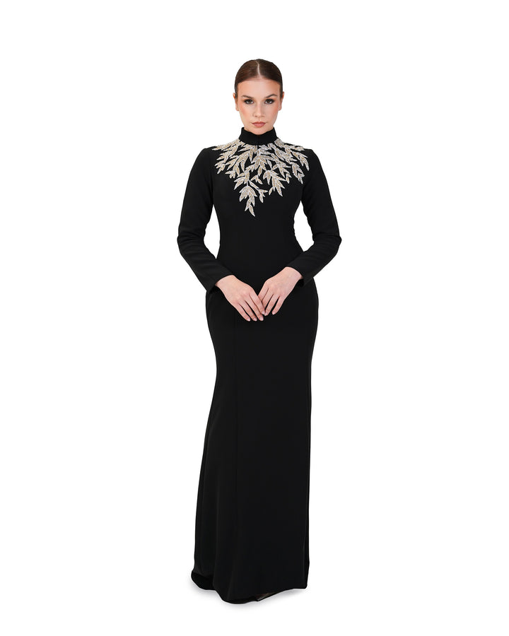 Long sleeve column dress with beaded leaves-Almaah