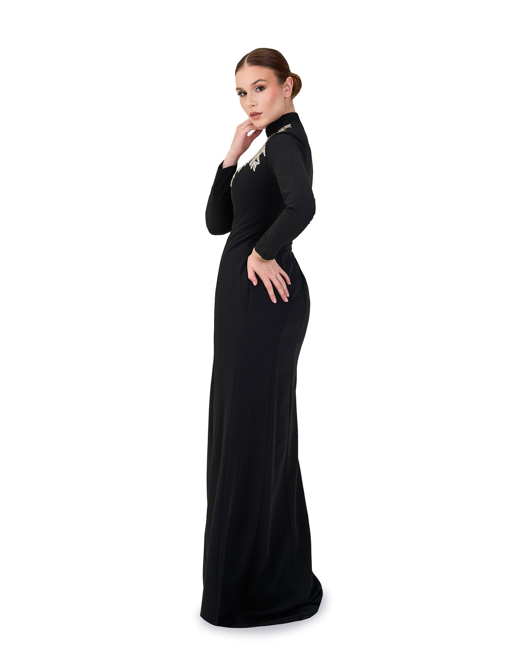 Long sleeve column dress with beaded leaves-Almaah