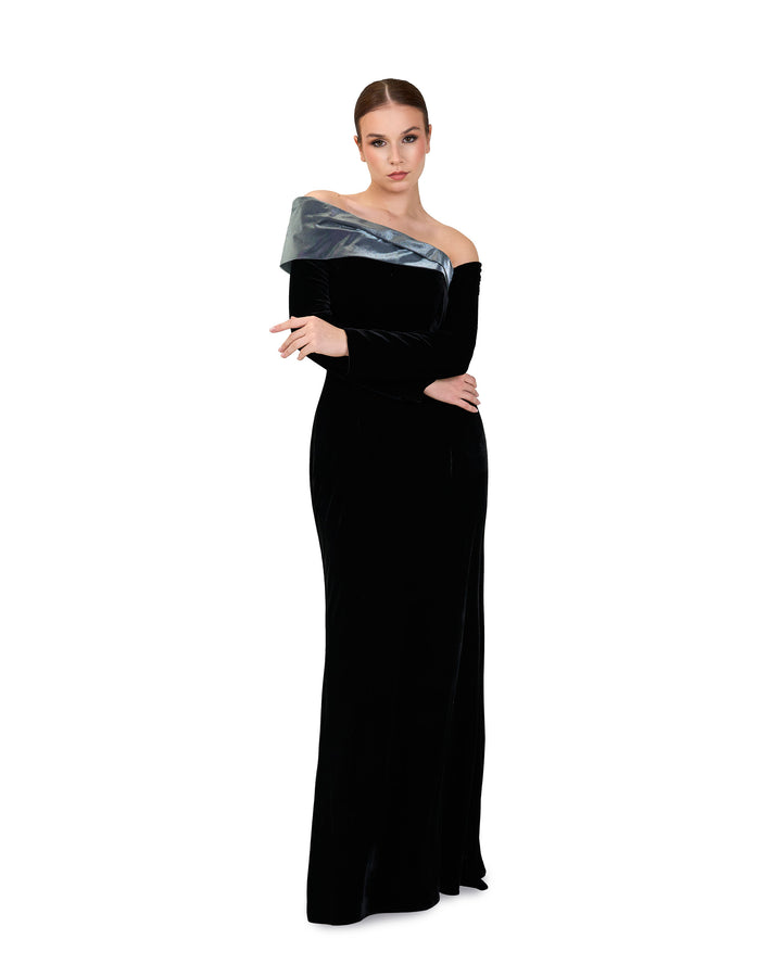 Black column dress with silver structured collar-Sonah