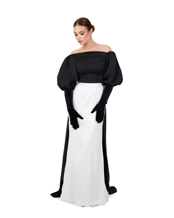 Shoulders off bicolour dress with puffed sleeves and gloves - LOLAH