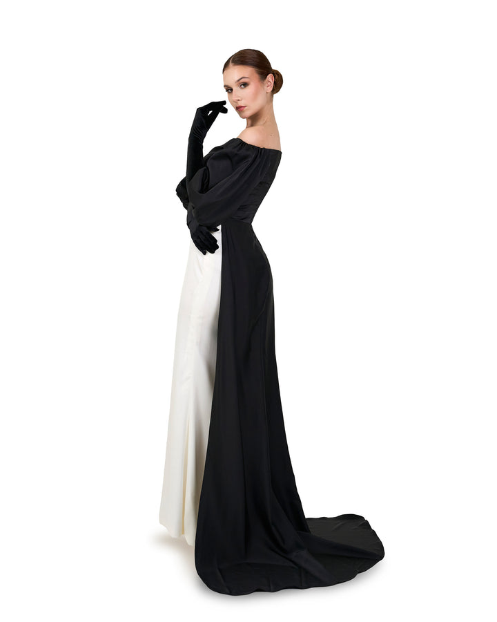 Shoulders off bicolour dress with puffed sleeves and gloves - LOLAH