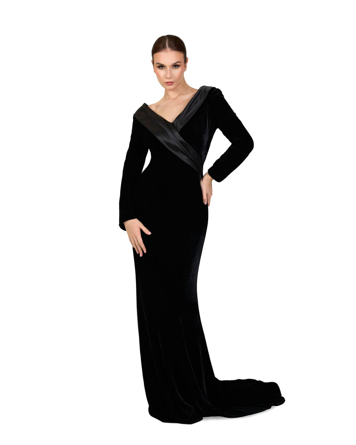 Long sleeve black velvet dress with a train - Deniya