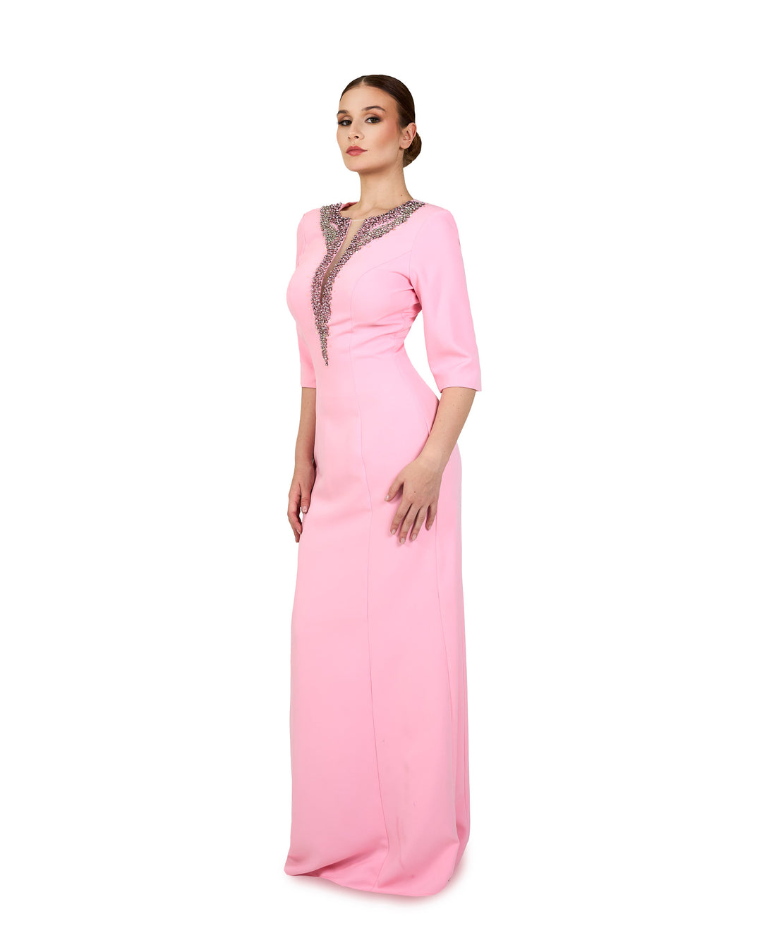 ODD-Sequinned neckline - long floor length pink dress