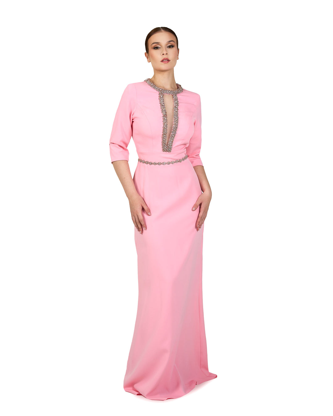 Beaded neckline - long floor length pink dress-Oberon