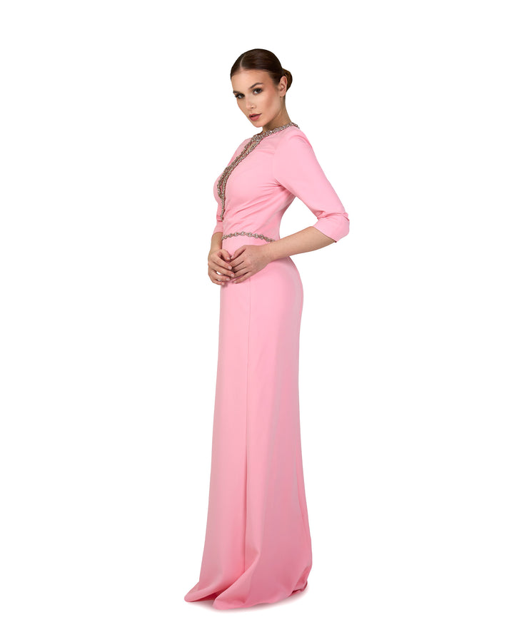 Beaded neckline - long floor length pink dress-Oberon