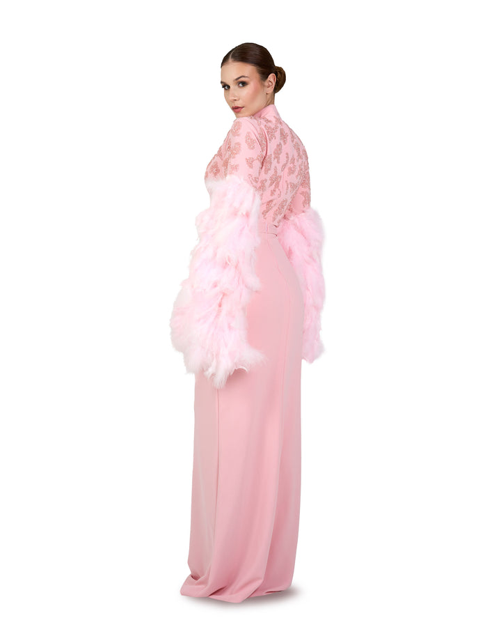 Beaded column dress with feather sleeves-Satchel