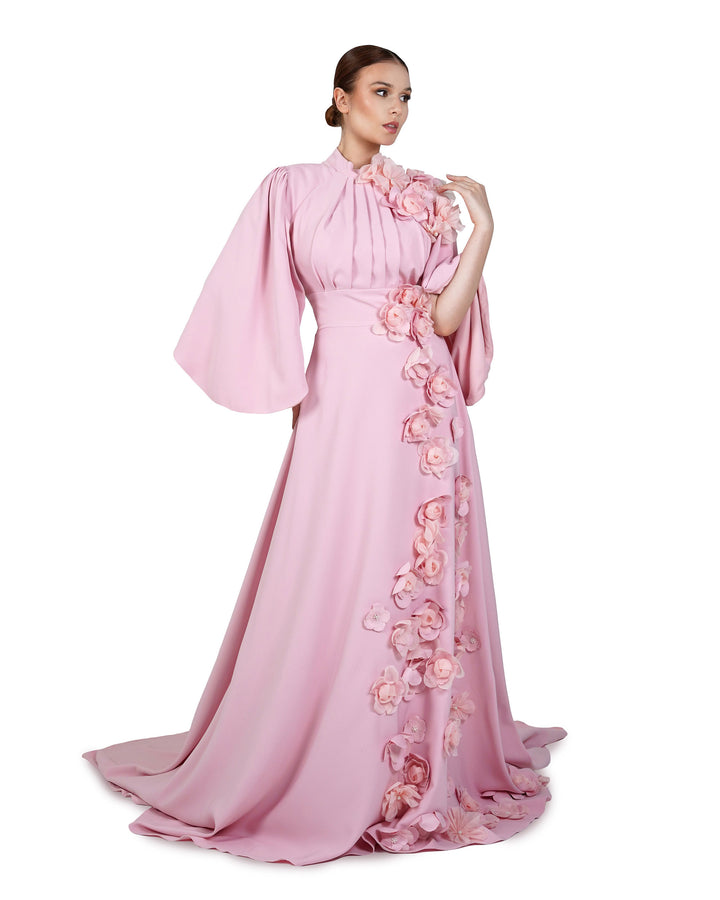 3D flowered maxi dress with cape sleeves-Trisha