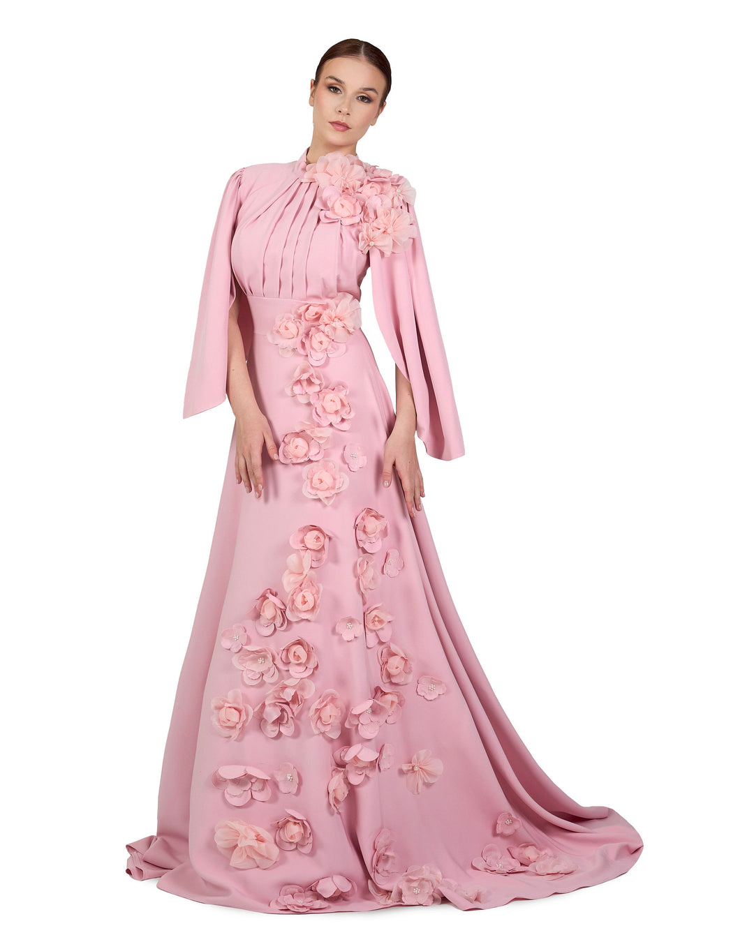 3D flowered maxi dress with cape sleeves-Trisha