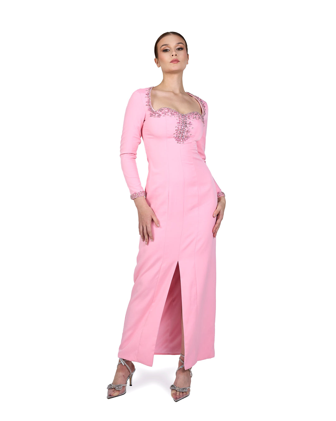 Beaded hearth neckline dress with front slit ODD-Lordin