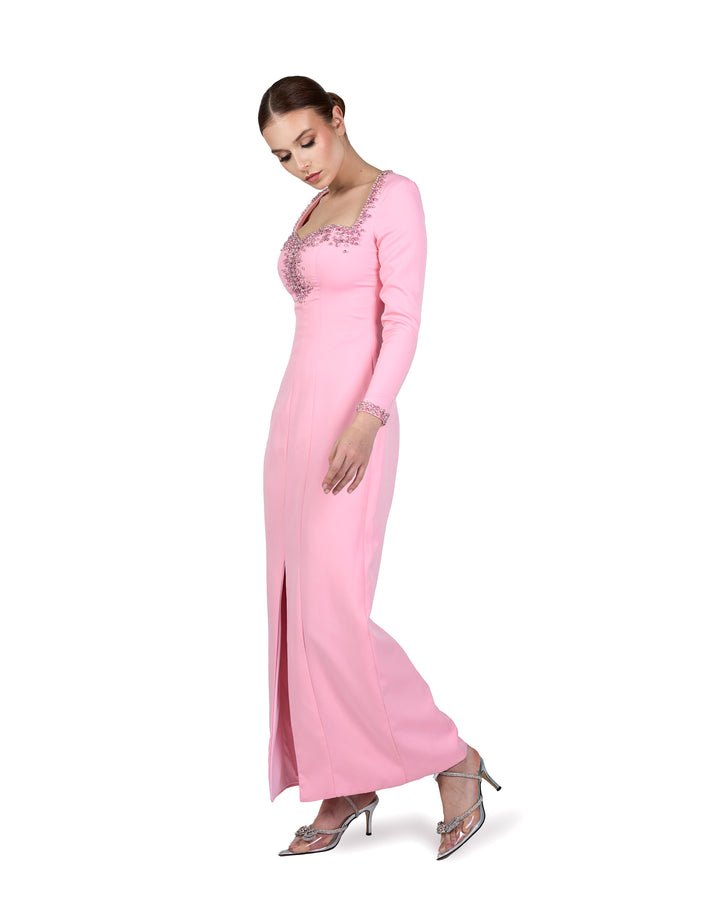 Beaded hearth neckline dress with front slit ODD-Lordin