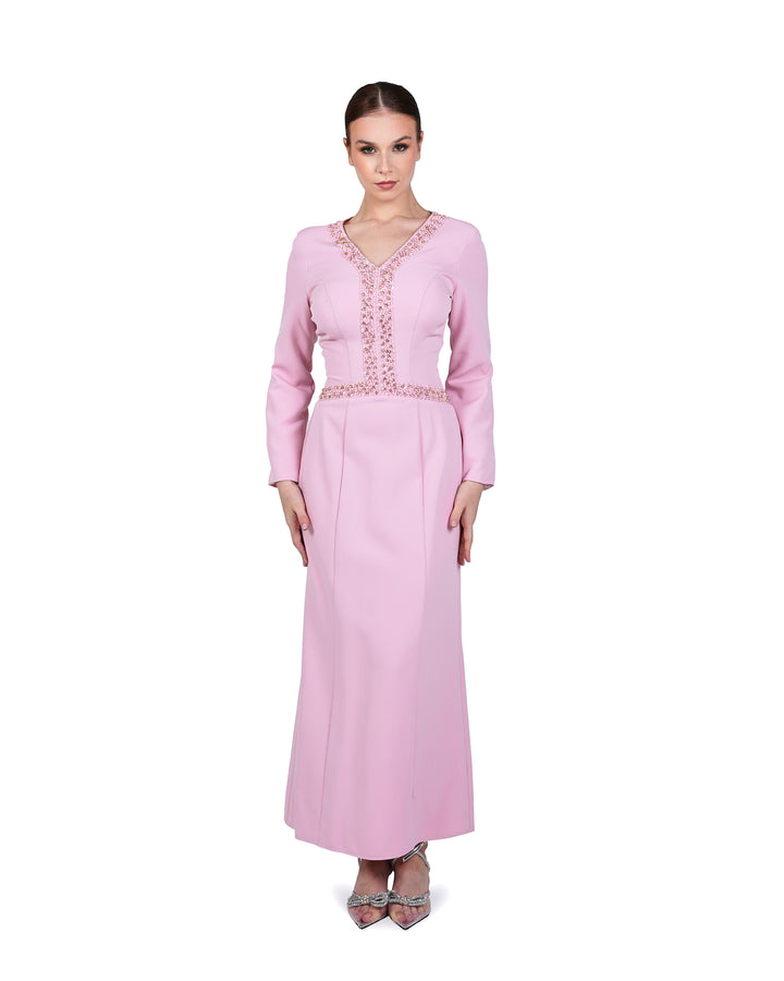 V Neckline long-sleeved pink dress with sequinned lines