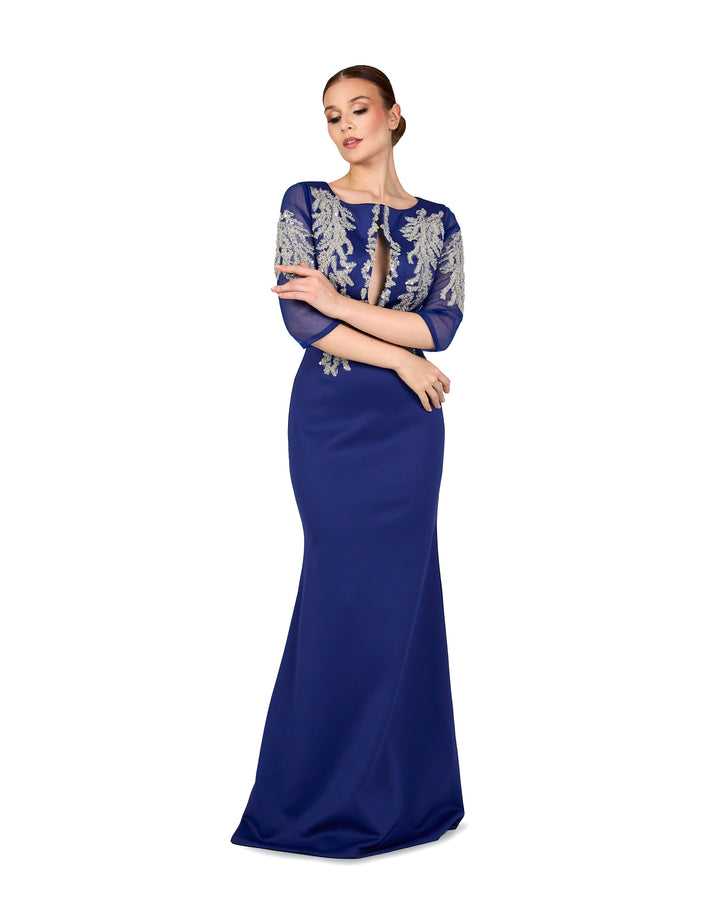 Sequined floor-length blue dress with see-through sleeves