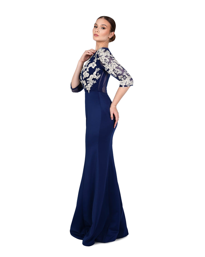 Blue Floor-Length Dress with see-through sequined top-Juwan