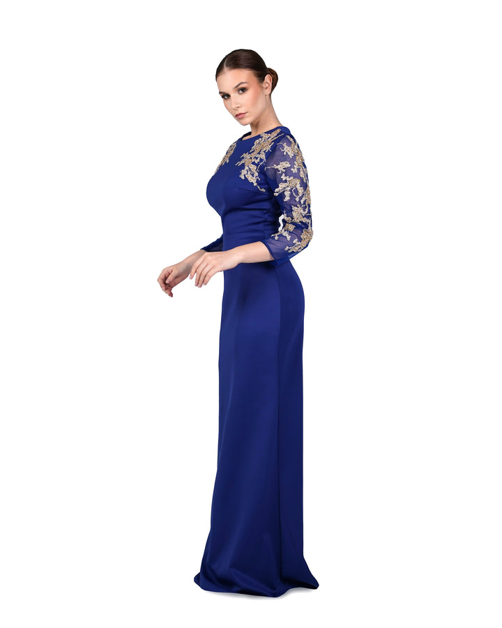 Blue Floor-Length Dress with see through sequined sleeves-Areejh