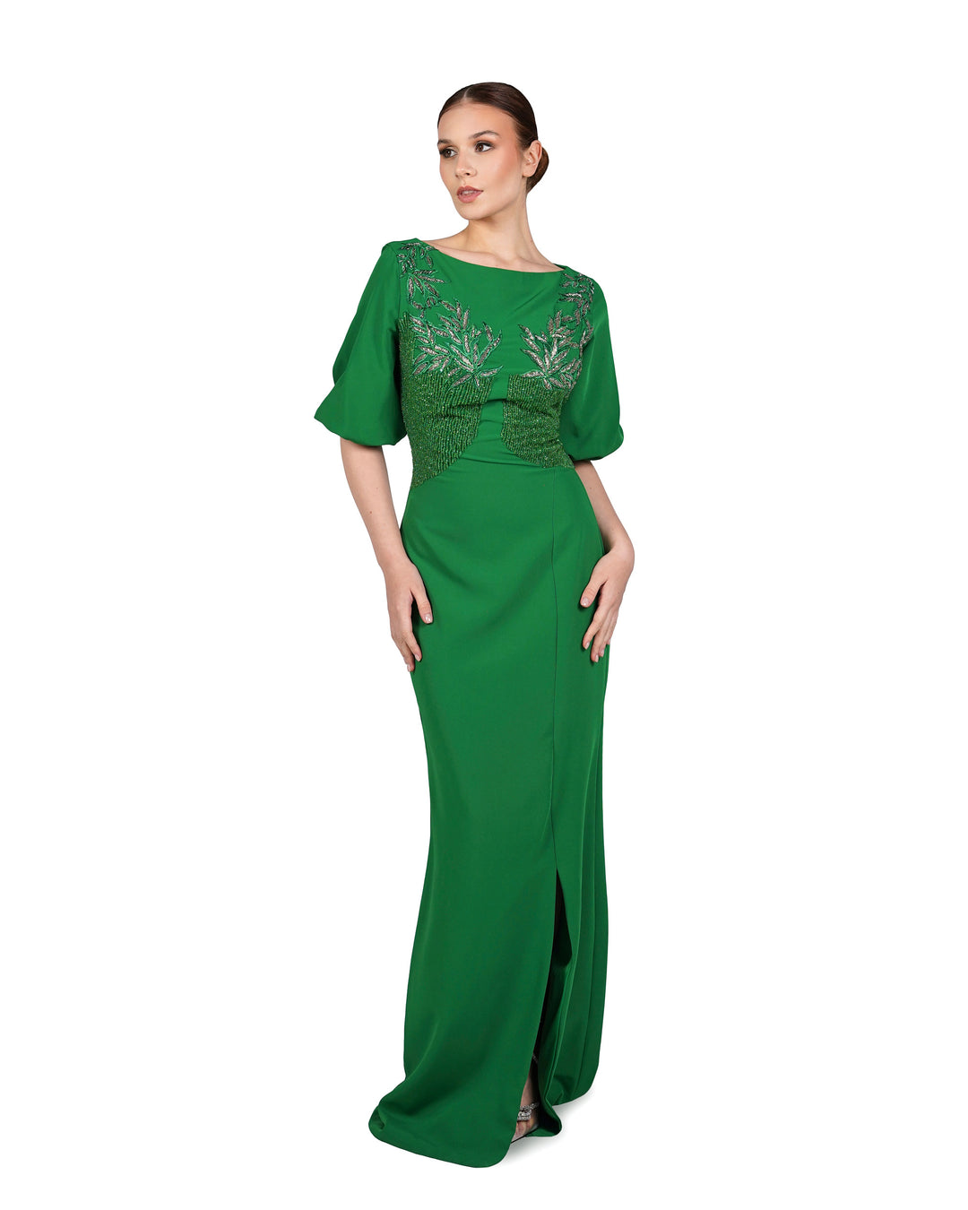 ⁠Beaded column dress with puffed sleeves and side slit