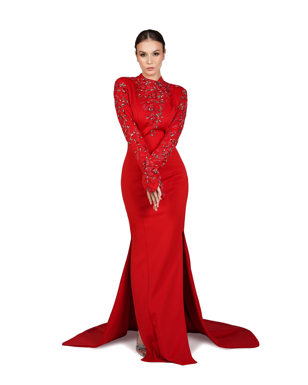 Beaded long-sleeve dress, with side slits and train-Pascoe