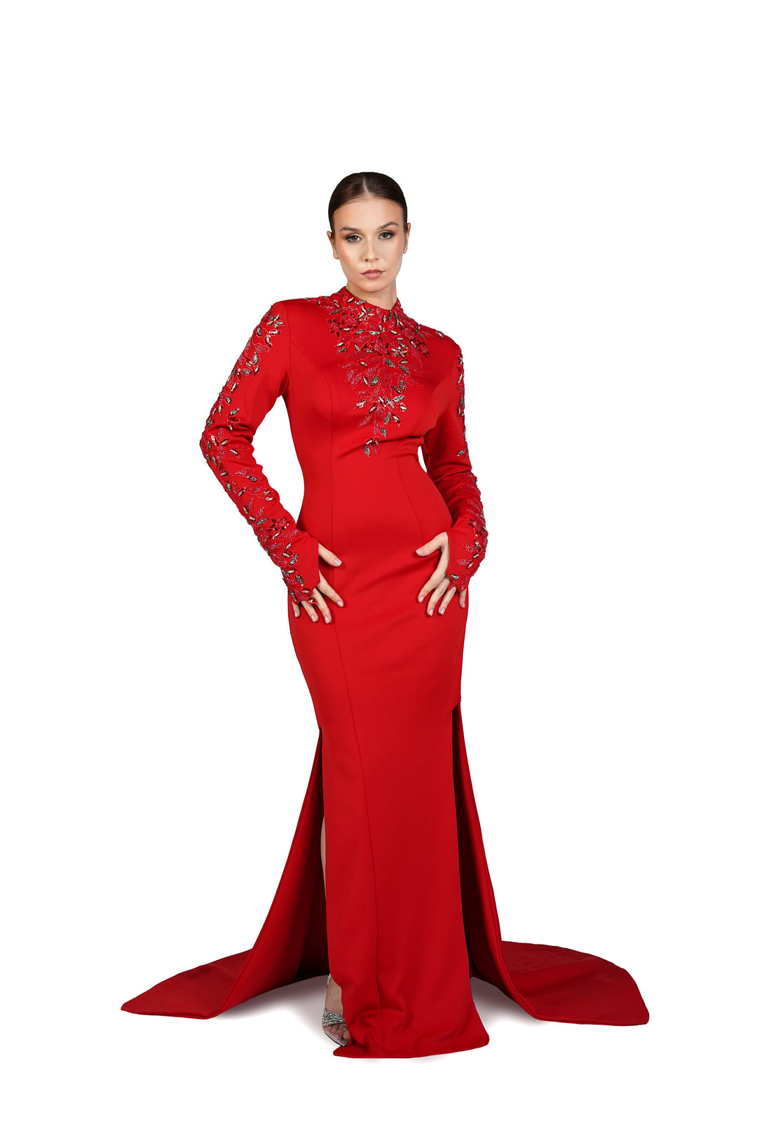 Beaded long-sleeve dress, with side slits and train-Pascoe