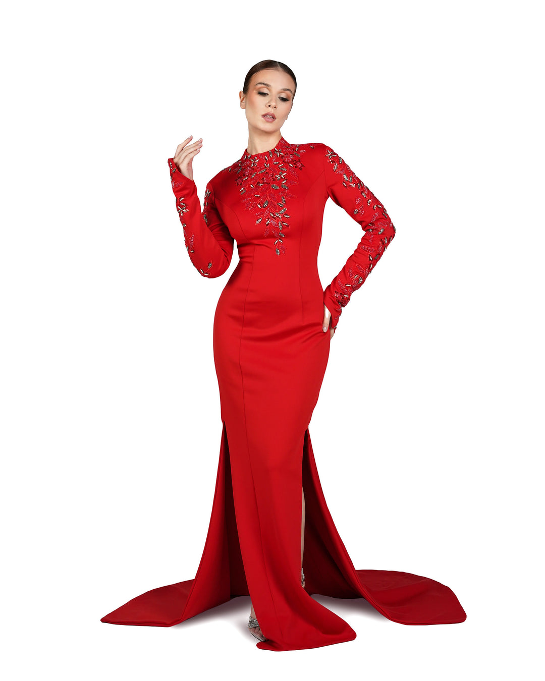 Beaded long-sleeve dress, with side slits and train-Pascoe