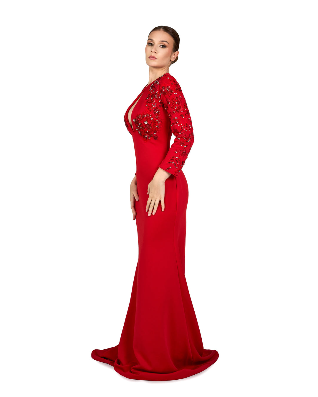 Sequined red dress with front neckline