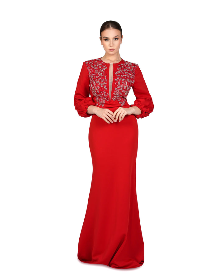 Red Floor-Length Beaded Dress with Puffed Sleeves