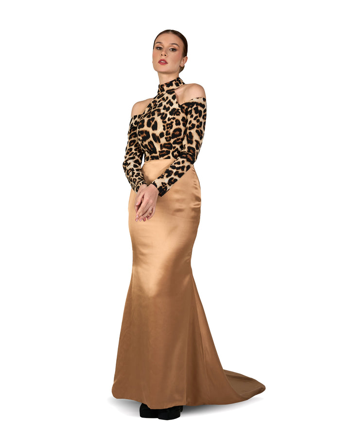 Shoulders off leopard dress with train - LOSAR