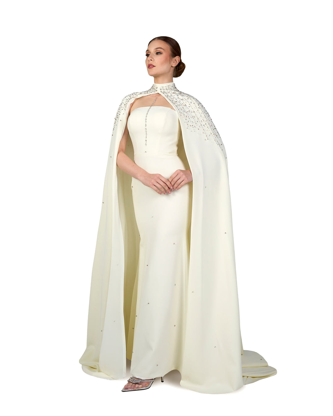 Beaded ivory column dress with high neck cape-Queenie