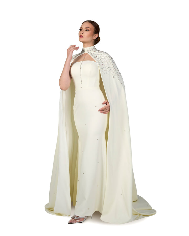 Beaded ivory column dress with high neck cape-Queenie