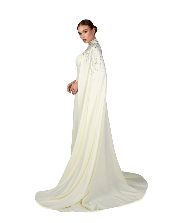 Beaded ivory column dress with high neck cape-Queenie