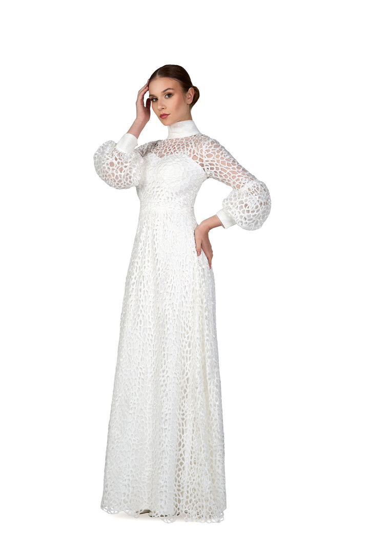 laced column dress with puffed sleeve-Sumoud