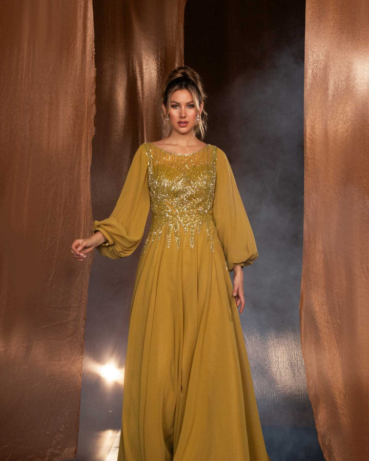 chiffon gown with beaded bodice and bishop sleeves – SOLARA