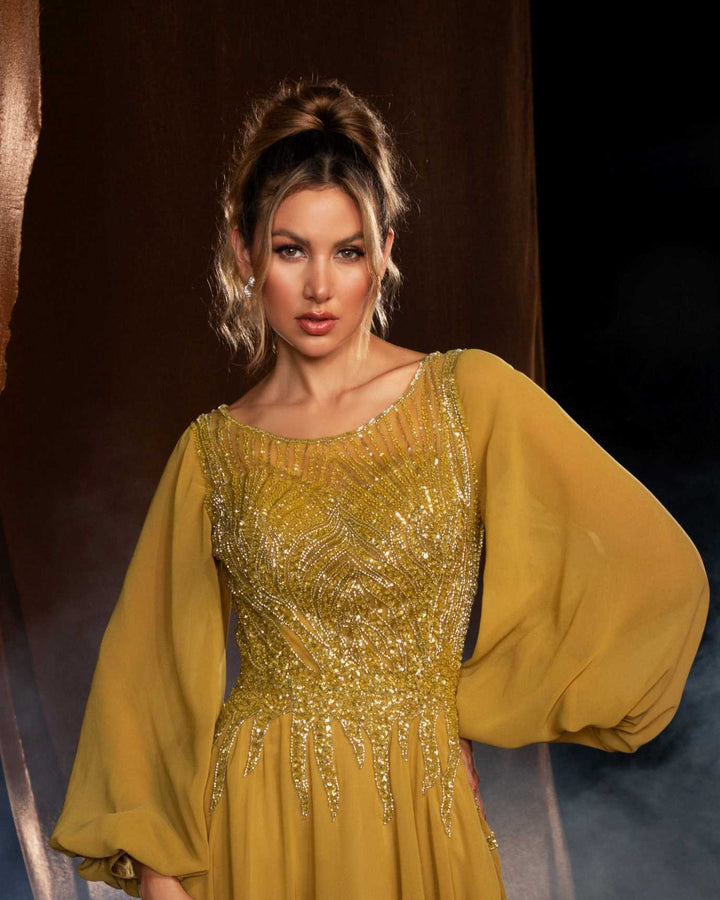 chiffon gown with beaded bodice and bishop sleeves – SOLARA