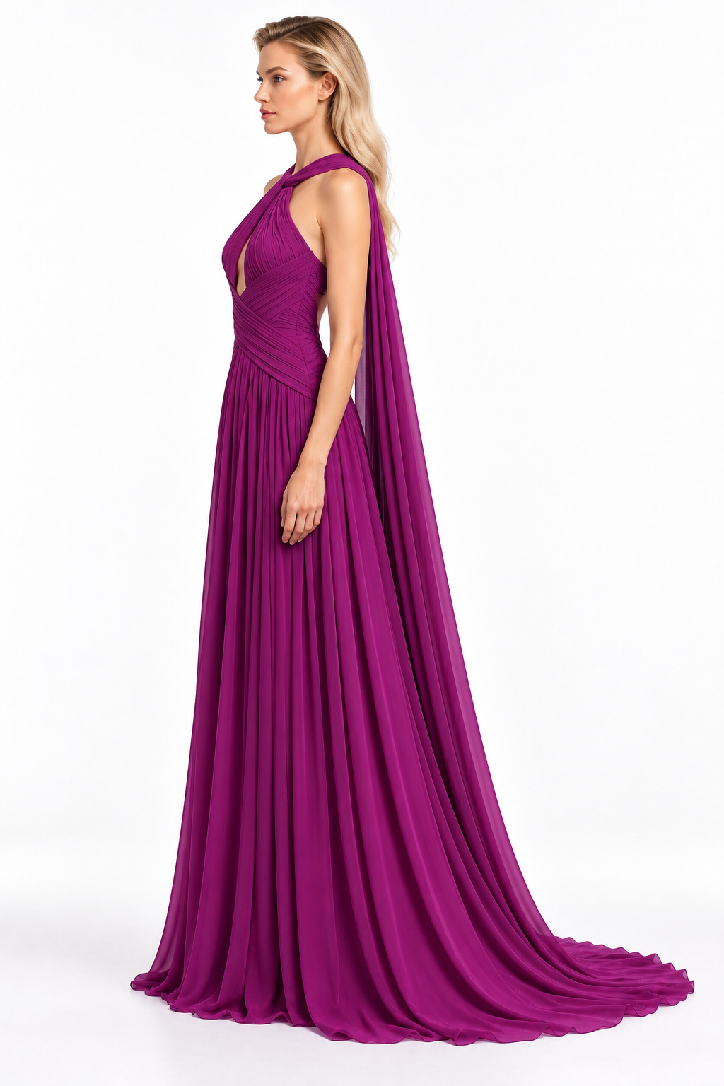 Magenta Pleated Halter Gown -Seravelle
