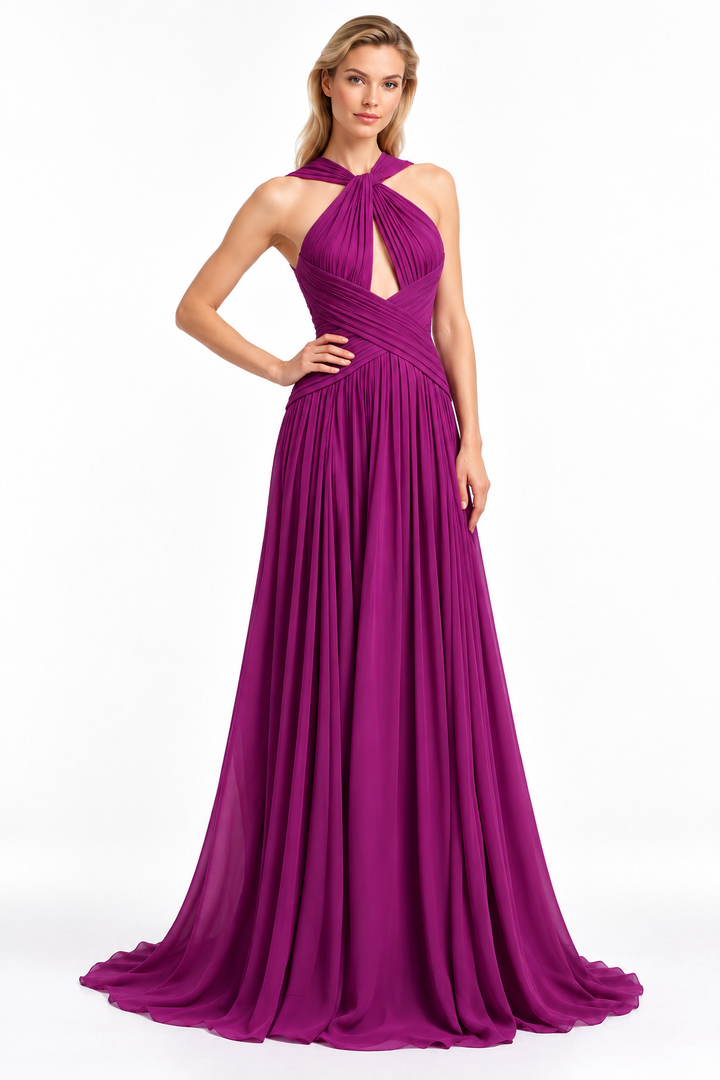 Magenta Pleated Halter Gown -Seravelle