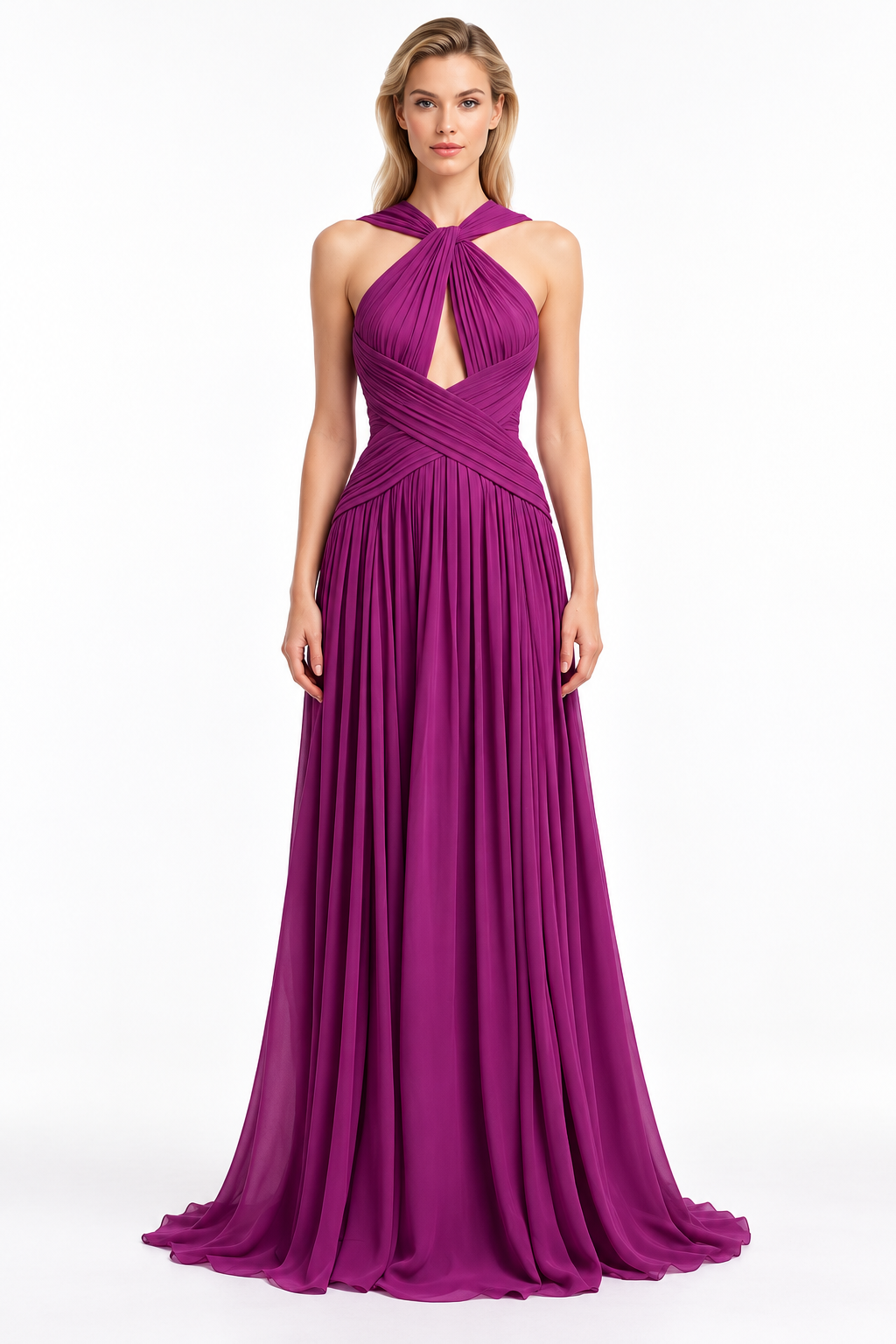 Magenta Pleated Halter Gown -Seravelle