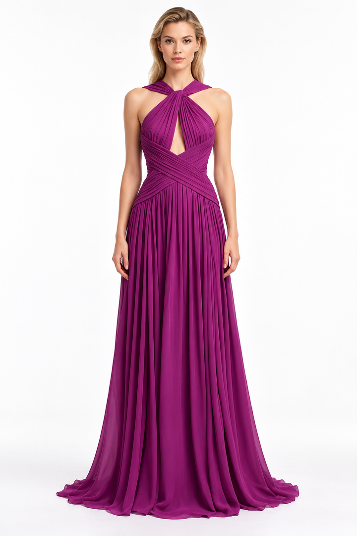 Magenta Pleated Halter Gown -Seravelle