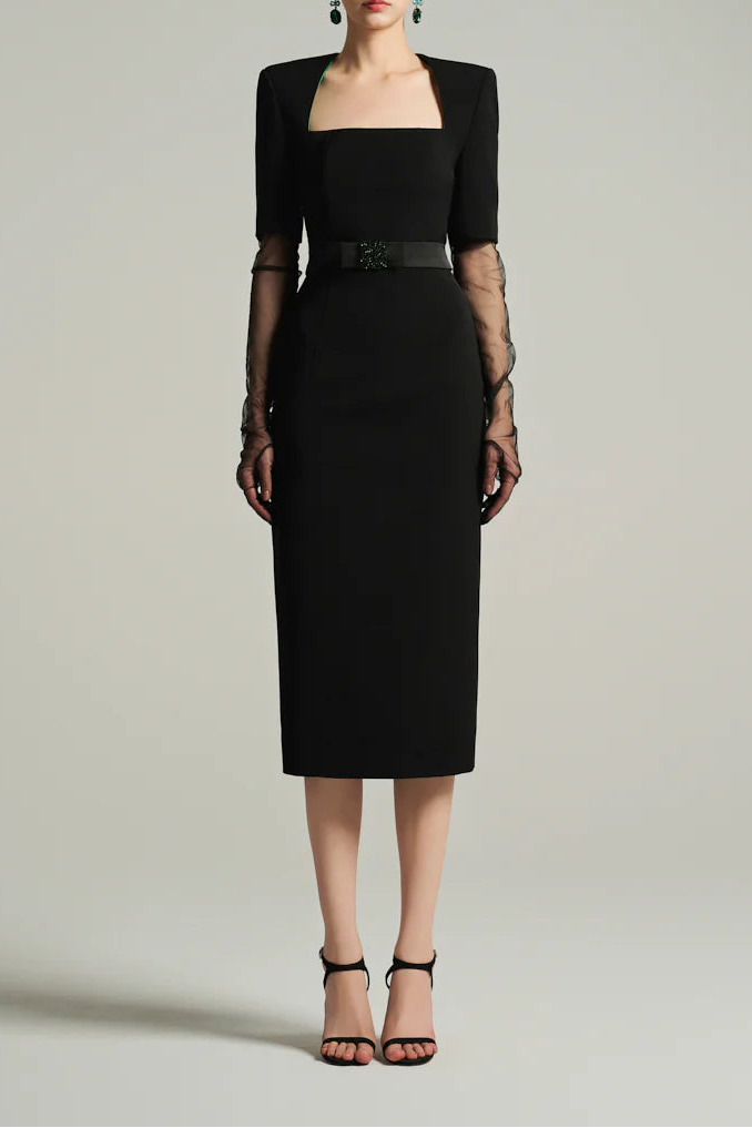 square-neck midi dress with sheer sleeves – NOIRE