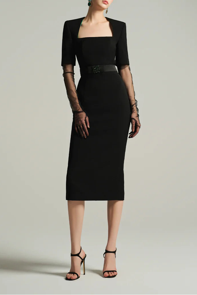 square-neck midi dress with sheer sleeves – NOIRE