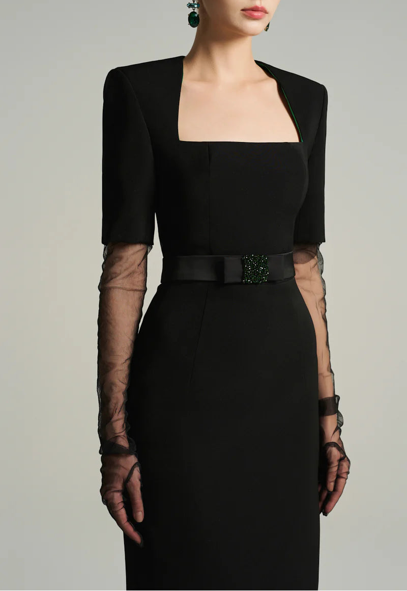 square-neck midi dress with sheer sleeves – NOIRE