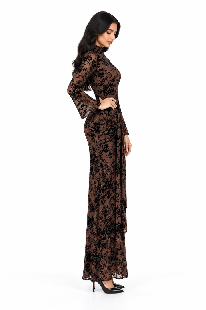 Embellished High-Neck Velvet Evening Gown - Noirevia