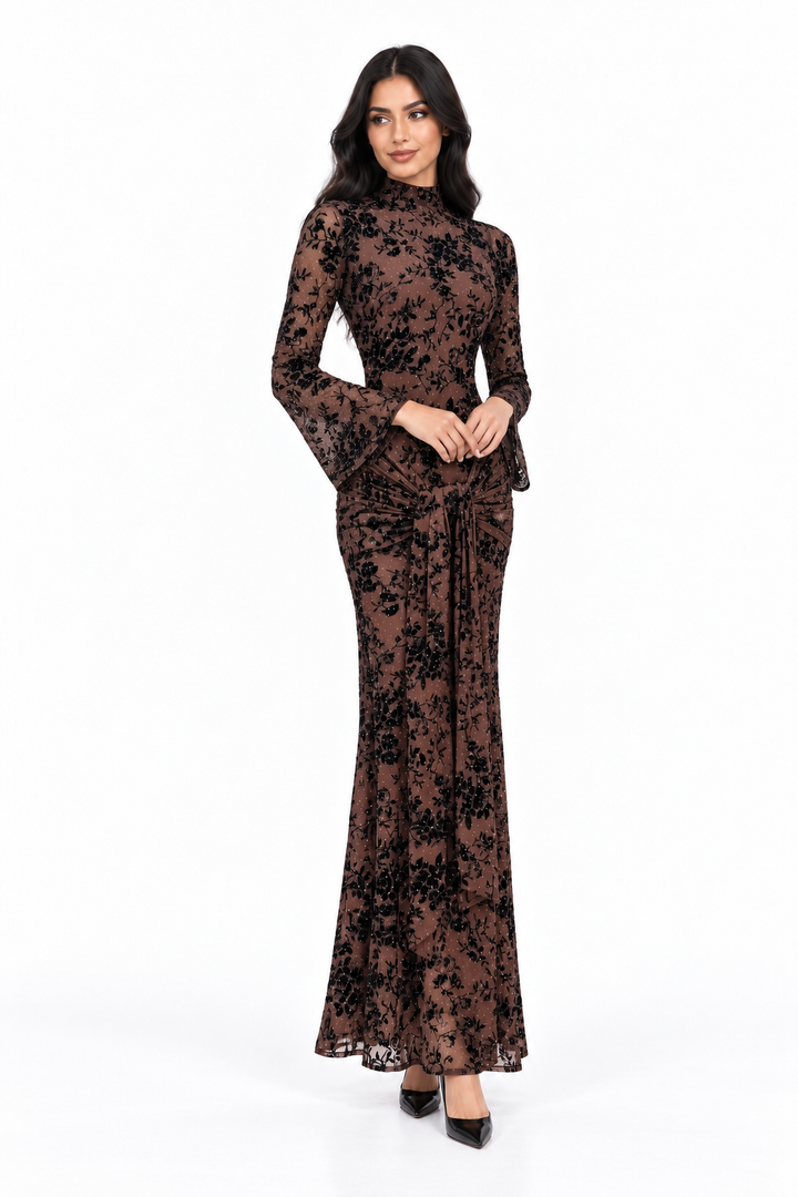 Embellished High-Neck Velvet Evening Gown - Noirevia