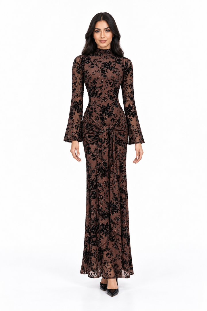 Embellished High-Neck Velvet Evening Gown - Noirevia