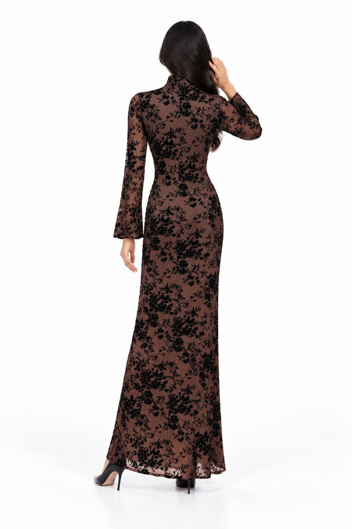 Embellished High-Neck Velvet Evening Gown - Noirevia